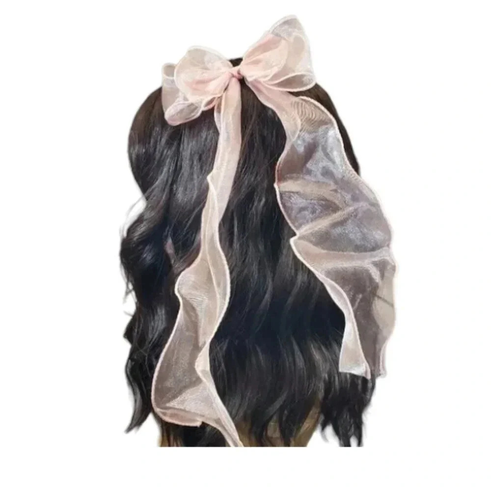 Peachy Pink - Clip In Hair Bows with Long Braidable trails Girls Hair